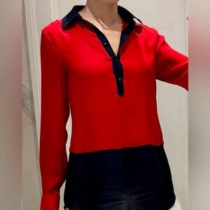 Anne Klein Red and Navy Blue Blouse with Mandarin Collar